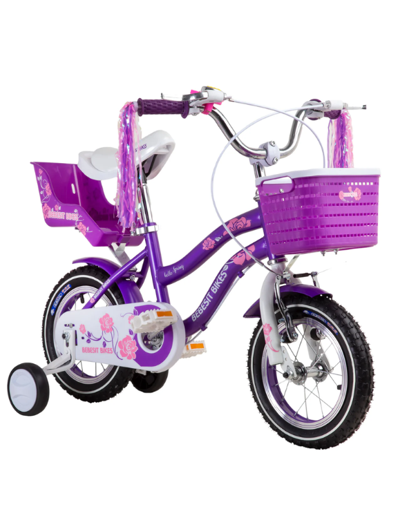 Bicicleta Infantil Aro 12 para Niña Púrpura - Con Canasto y Rueditas